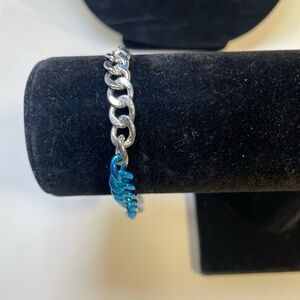 Men’s Silver and Blue Tone Cuban Chain Link Bracelet 8” with 2” Extension